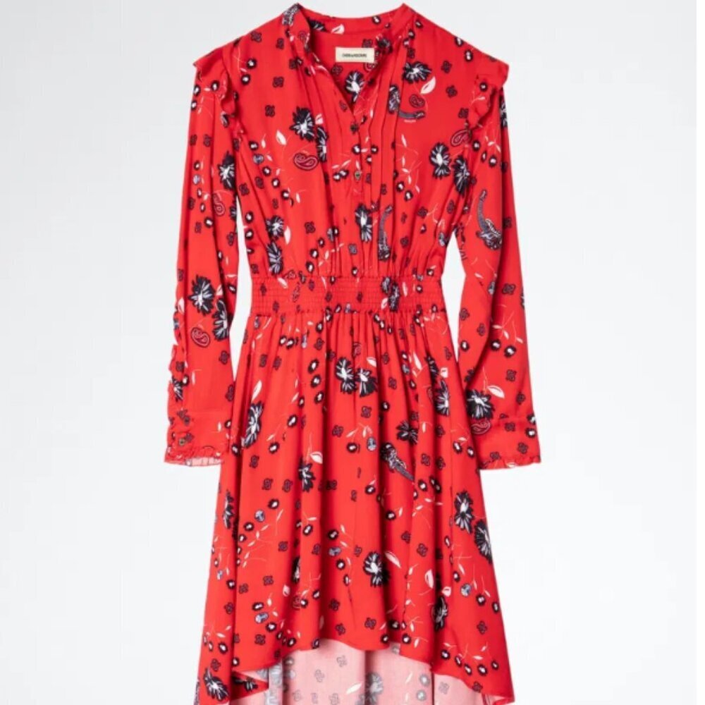 Zadig & Voltaire Karolina Dress Long Sleeve Guitars Skulls Print Red Girls Small